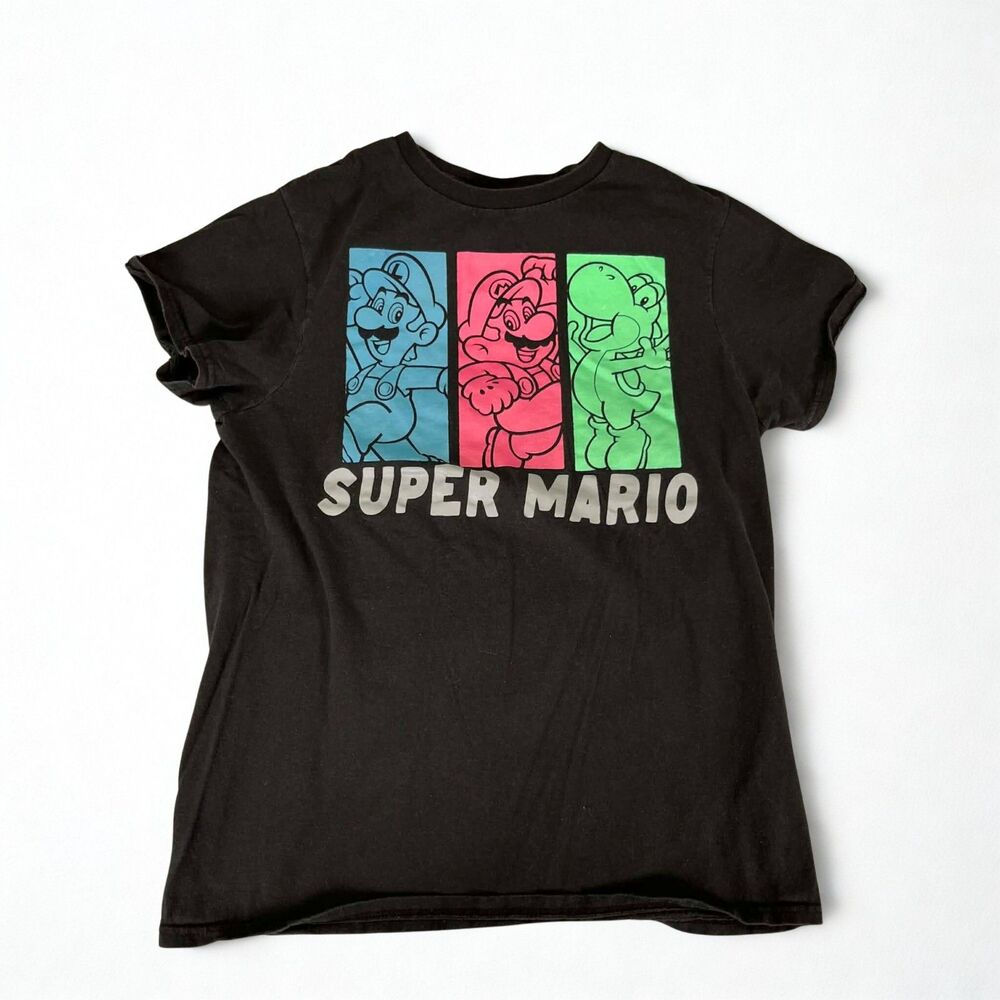 Super Mario T-Shirt Boys S Black Mario Luigi Yoshi Graphic Tee 100% Cotton